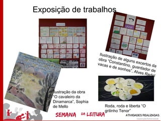 Exposição de trabalhos




                           Ilustra
                                  çã
                           obra “ o de algun
                                 C             s
                          vacas onstantino, excertos da
                                 e de s       g
                                        onhos uardador d
                                             ”, Alve       e
                                                     s Red
                                                          ol



     Ilustração da obra
     “O cavaleiro da
     Dinamarca”, Sophia
     de Mello                 Roda, roda e liberta “O
                              grilinho Tenor”
                                          ATIVIDADES REALIZADAS
 