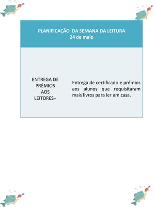 PLANIFICAÇÃO DA SEMANA DA LEITURA
24 de maio
ENTREGA DE
PRÉMIOS
AOS
LEITORES+
Entrega de certificado e prémios
aos alunos ...