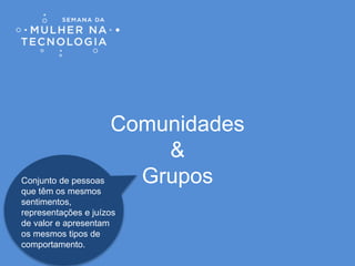 Comunidades
&
GruposConjunto de pessoas
que têm os mesmos
sentimentos,
representações e juízos
de valor e apresentam
os mesmos tipos de
comportamento.
 