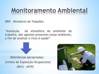 NR9 – Ministério do Trabalho:
“Avaliação da atmosfera do ambiente de
trabalho, dos agentes presentes nesse ambiente,
a fim de analisar o risco à saúde”
Referências Apropriadas:
Limites de Exposição Ocupacional
NR15 - MTPS
 