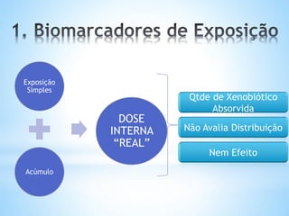 Exposição
Simples
Acúmulo
DOSE
INTERNA
“REAL”
Qtde de Xenobiótico
Absorvida
Não Avalia Distribuição
Nem Efeito
 