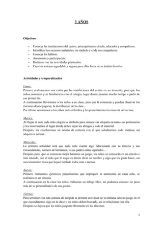 3 AÑOS



Objetivos

    -   Conocer las instalaciones del centro, principalmente el aula, educador y compañeros.
    -   Identificar los recursos materiales, su símbolo y el de sus compañeros.
    -   Conocer los hábitos.
    -   Autonomía y participación.
    -   Disfrutar con las actividades planteadas.
    -   Crear un entorno agradable y seguro para ellos fuera de su ámbito familiar.


Actividades y temporalización

Lunes:
Primero realizaremos una visita por las instalaciones del centro en un trenecito, para que los
niños conozcan y se familiaricen con el colegio, lugar donde pasaran mucho tiempo a partir de
ese primer día.
A continuación llevaremos a los niños a su clase, para que la conozcan y puedan observar los
rincones donde jugaran, la distribución de la clase…
Por último sentaremos a los niños en la alfombra y les presentaremos la mascota de la clase.

Martes:
Al llegar al cole cada niño elegirá su símbolo para colocar esa etiqueta en todas sus pertenecías
y les mostraremos el lugar donde deben dejar los abrigos y todo el material.
Después, les enseñaremos un saludo de cortesía con el que saludaremos cada mañana, así
adquieren rutinas.

Miércoles:
La primera actividad será que cada niño cuente algo relacionado con su familia y sus
circunstancias, número de hermanos, si sus padres están separados…
Después para que se conozcan mejor haremos un juego, los niños se colocarán en un círculo e
irán rotando, con el niño que le toque en frente dirán su nombre y algo que les gusta hacer, así
sucesivamente hasta que hayan hablado todos más o menos.

Jueves:
Primero realizamos ejercicios psicomotores que impliquen la autonomía de cada niño, se
realizara en un circuito.
A continuación en la clase los niños realizaran un dibujo libre, así podemos conocer un poco
más de su personalidad o de sus gustos.

Viernes:
Para terminar con esta semana de acogida la primera actividad de la mañana será un juego en el
que esconderemos algo en la clase y los niños deben buscarlo, así se relacionan con ella.
Después se dejara que los niños jueguen libremente en los rincones.


                                                                                               3
 