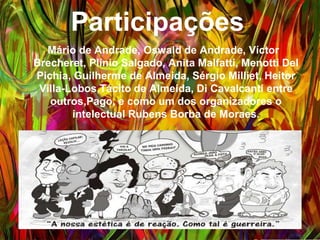 Participações
Mário de Andrade, Oswald de Andrade, Víctor
Brecheret, Plínio Salgado, Anita Malfatti, Menotti Del
Pichia, Guilherme de Almeida, Sérgio Milliet, Heitor
Villa-Lobos,Tácito de Almeida, Di Cavalcanti entre
outros,Pago, e como um dos organizadores o
intelectual Rubens Borba de Moraes.
 