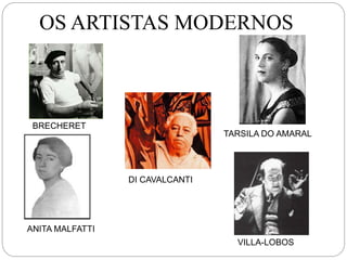 OS ARTISTAS MODERNOS
DI CAVALCANTI
BRECHERET
VILLA-LOBOS
ANITA MALFATTI
TARSILA DO AMARAL
 