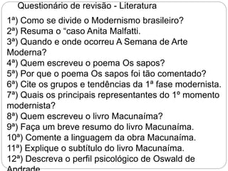 Questionário de revisão - Literatura
1ª) Como se divide o Modernismo brasileiro?
2ª) Resuma o “caso Anita Malfatti.
3ª) Quando e onde ocorreu A Semana de Arte
Moderna?
4ª) Quem escreveu o poema Os sapos?
5ª) Por que o poema Os sapos foi tão comentado?
6ª) Cite os grupos e tendências da 1ª fase modernista.
7ª) Quais os principais representantes do 1º momento
modernista?
8ª) Quem escreveu o livro Macunaíma?
9ª) Faça um breve resumo do livro Macunaíma.
10ª) Comente a linguagem da obra Macunaíma.
11ª) Explique o subtítulo do livro Macunaíma.
12ª) Descreva o perfil psicológico de Oswald de
 