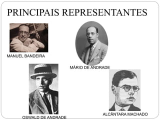 PRINCIPAIS REPRESENTANTES
MANUEL BANDEIRA
OSWALD DE ANDRADE
MÁRIO DE ANDRADE
ALCÂNTARA MACHADO
 