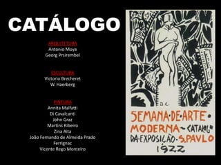 CATÁLOGO
ARQUITETURA
Antonio Moya
Georg Prsirembel
ESCULTURA
Victorio Brecheret
W. Haerberg
PINTURA
Annita Malfatti
Di Cavalcanti
John Graz
Martins Ribeiro
Zina Aita
João Fernando de Almeida Prado
Ferrignac
Vicente Rego Monteiro
 