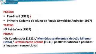 POESIA:
34


Pau-Brasil (1925) /
Primeiro Caderno do Aluno de Poesia Oswald de Andrade (1927)
TEATRO:
O Rei da Vela (1937)
PROSA:
Os Condenados (1922) / Memórias sentimentais de João Miramar
(1924) / Serafim Ponte Grande (1933): panfletos satiricos e paródias
à linguagem convencional.
 