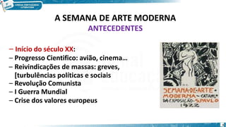 – Início do século XX:
– Progresso Cientifico: avião, cinema…
– Reivindicações de massas: greves,
[turbulências políticas e sociais
– Revolução Comunista
– I Guerra Mundial
– Crise dos valores europeus
A SEMANA DE ARTE MODERNA
ANTECEDENTES
6
 