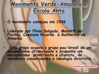 • O movimento começou em 1926

• Liderado por Plinio Salgado, Menotti del
  Picchia, Cassiano Ricardo e Guilherme de
  Almeida

•    Este grupo acuava o grupo pau-brasil de um
    nacionalismo afrancesado e propunha um
    nacionalismo primitivista e ufanista, de
    tendência conservadora e ideologia direitista .
 