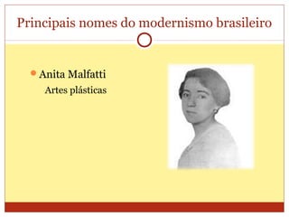 Principais nomes do modernismo brasileiro
Anita Malfatti
Artes plásticas
 