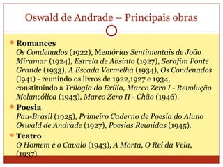 Oswald de Andrade – Principais obras
Romances
Os Condenados (1922), Memórias Sentimentais de João
Miramar (1924), Estrela de Absinto (1927), Serafim Ponte
Grande (1933), A Escada Vermelha (1934), Os Condenados
(l941) - reunindo os livros de 1922,1927 e 1934,
constituindo a Trilogia do Exílio, Marco Zero I - Revolução
Melancólica (1943), Marco Zero II - Chão (1946).
Poesia
Pau-Brasil (1925), Primeiro Caderno de Poesia do Aluno
Oswald de Andrade (1927), Poesias Reunidas (1945).
Teatro
O Homem e o Cavalo (1943), A Morta, O Rei da Vela,
(1937).
 