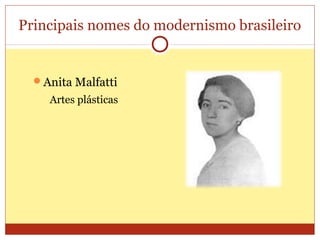 Principais nomes do modernismo brasileiro
Anita Malfatti
Artes plásticas
 