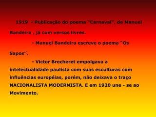 1919 - Publicação do poema “Carnaval”, de Manuel Bandeira , já com versos livres. 
- Manuel Bandeira escreve o poema “Os Sapos”. 
- Victor Brecheret empolgava a intelectualidade paulista com suas esculturas com influências européias, porém, não deixava o traço NACIONALISTA MODERNISTA. E em 1920 une - se ao Movimento. 
 