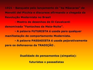 1921 - Banquete pelo lançamento de “As Máscaras” de Menotti del Picchia e discursos afirmando a chegada da Revolução Modernista no Brasil 
- Mostra de desenhos de Di Cavalcanti denominada “Fantoches da Meia-Noite”. 
- A palavra FUTURISTA é usada para qualquer manifestação de comportamento Modernista. 
- A palavra PASSADISTA é usada pejorativamente para os defensores da TRADIÇÃO . 
Dualidade de pensamentos (simpatia): futuristas x passadistas  