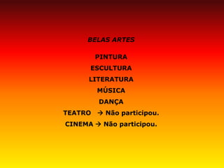 BELAS ARTES PINTURA ESCULTURA LITERATURA MÚSICA DANÇA TEATRO  Não participou. CINEMA  Não participou.  