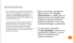 MOVIMENTOS: 
 Em consequência do movimento modernista, o 
país teve alguns movimentos culturais, obras e 
revistas. A revista Klaxon, criada a partir 
daSemana de Arte Moderna (1922), trouxe 
inovações estéticas, além de dar apoio para as 
ideias dos Modernistas. 
A poesia primitivista foi escrita em crítica ao 
passado brasileiro. Era chamada de Poesia 
Pau-Brasil, valorizava a história e a cultura 
nacional. O escritor brasileiro Oswald de 
Andrade produziu um manifesto, publicado no 
Correio da Manhã. Poesia que virou abertura 
de um de seus livros. 
 Outro movimento oriundo do 
Modernismo, foi o Verde- 
Amarelismo e a Anta. Eles se 
baseavam na autovangloriação 
do Brasil, ideia dos partidos 
políticos de direita e com uma 
vertente ideológica nazifascista 
. 
 O movimento chamado 
de Antropofagia, com base no 
canibalismo indígena, é outra 
forma de valorização da 
cultura brasileira. 
 