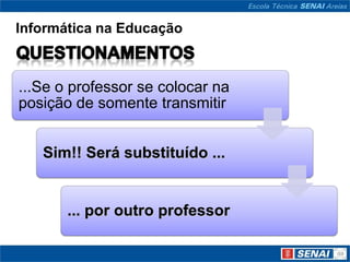 Informática na Educação



...Se o professor se colocar na
posição de somente transmitir


   Sim!! Será substituído ...


       ... por outro professor
 