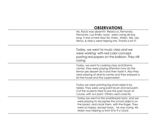 OBSERVATIONS Ms. Rocío was absent!!!  Rebecca, Fernanda, Fernando, Luis Emilio, Isaac  were crying all day long. It was a hard day! Ms. Karla.  Malyn, Ale, Lizy, Mima, & Meicy were helping me. Thanks a lot !!! Today, we went to music class and we were working  with red color concept, pasting red papers on the balloon. They still crying. Today, we went to cooking class and Drama center, they were paying attention how do the lemon pie dessert do it and then taste it. Also they were playing at drama center and they enjoyed a lot the house and the supermarket. Today we were painting big shool objects by tables. They were using paint brush and red paint. 3 of the students tried to eat the paint brush of course, with out paint. Others used corectly. Today we went to the smartboard room, and we were playing to recognize the school objects on the board  and circle them  with the finger. They were so happy, except Isaac,  he was crying. Ms Malyn was helping us from 8 to 9 o´clock. 
