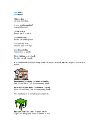 your house
their house
I like my job.
Me gusta mi trabajo.
Is your brother coming?
¿Viene tu hermano?
His car is new.
Su a...