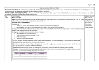 Página1 de 5
SEMANA DEL 8 AL 12 DE NOVIEMBRE
Observación importante: Al comienzo de cada jornada, dedicaremos algunos minutos a conversar acerca de las tareas realizadas (si es que tenían) y ace rca del
cumplimiento de las medidas de seguridad sanitarias dispuestas por la institución.
PLAN DE MEJORA INSTITUCIONAL(PMI): enel marco del Plande Mejora Institucional,se propondráncada día, actividadesque apuntenal desarrollode lascapacidades
de Oralidad, Lectura y Escritura, desde todas las disciplinas.
DÍA ACTIVIDADES OBSERVACIONES
LUNES Matemática 2 hs
PMI: Teniendoencuentalaplantillaconlasfigurasgeométricas,elegirunayformularpreguntasque se respondancon“si”o “no”, para
adivinarde qué figurase trata. Compartircon loscompañeros.
Actividad N°5: ¡A diseñar patios!
Indicadores:
- Trabaja en equipo, manifestando interés y respeto por las opiniones del grupo.
- Reconoce que, para calcular el perímetro, es necesaria la suma de los lados de la figura.
Se organizaráal grado paratrabajar engrupos.Esosgruposdeberánsubdividirseparaformardosequipos,que seránrivales(cadaequipo
deberá tener la misma cantidad de miembros)
Cada grupo recibirá los siguientes materiales para trabajar:
• 48 cuadraditos, 24 para cada equipo
• Mazo de cartas con los números de 1 a 20
• Reglas del juego:
• Tabla para registrar resultados:
Está invitada
unaestudiante
del Profesorado
de Educación
Primariaa
presenciarla
clase, víaMeet.
Se trata de armar patiosde diferentesformasapartirde loscuadraditos,sinsuperponerpiezas,yconla condiciónde que cada
cuadradito debe tener, al menos, un lado común con otro.
Se colocael mazode cartas boca abajoy el juegocomienzacuandounjugadorextraeunacartay lapone bocaarriba.El número
que allí aparece será el número de baldosas del patio.
Cada equipo debe entonces formar con cuadraditos, como indica la carta, la figura de mayor perímetro posible.
Gana y se anota unpuntoel equipocuyafiguratiene perímetromayor.Si sonperímetrosiguales,hayempateyllevanunpunto
cada uno. El juego concluye luego de jugadas de 5 manos.
 