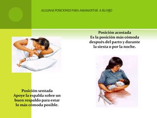 ALGUNAS POSICIONES PARA AMAMANTAR A SU HIJO
Posición acostada
Es la posición más cómoda
después del parto y durante
la siesta o por la noche.
Posición sentada
Apoye la espalda sobre un
buen respaldo para estar
lo más cómoda posible.
 