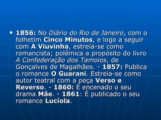1856:  No  Diário do Rio de Janeiro , com o folhetim  Cinco Minutos , e logo a seguir com  A Viuvinha , estreia-se como romancista; polêmica a propósito do livro  A Confederação dos Tamoios , de Gonçalves de Magalhães. -  1857:  Publica o romance  O Guarani . Estreia-se como autor teatral com a peça  Verso e Reverso . -  1860:  É encenado o seu drama  Mãe . -  1861 : É publicado o seu romance  Lucíola .  