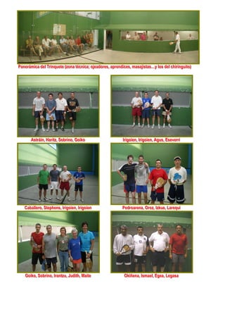 Panorrámiica dell Trriinquette ((zona ttécniica;; ojjeadorres,, aprrendiices,, masajjiisttas…y llos dell chiirriinguiitto))
Pano ám ca de T nque e zona écn ca o eado es ap end ces masa s as…y os de ch ngu o

                                                            aa




         Asttrráiin,, Harriittz,, Sobrriino,, Goiiko
         As á n Ha z Sob no Go ko                                         IIrriigoiien,, IIrriigoiien,, Agus,, Eseverrrrii
                                                                                go en go en Agus Eseve




    Caballlerro,, Sttephens,, IIrriigoiien,, IIrriigoiien
    Caba e o S ephens go en go en                                        Pedrroarrena,, Orroz,, IIzkue,, Larrequii
                                                                         Ped oa ena O oz zkue La equ




    Goiiko,, Sobrriino,, IIrranttzu,, Judiitth,, Maiitte
    Go ko Sob no an zu Jud h Ma e                                          Okiiñena,, IIsmaell,, Egea,, Legasa
                                                                           Ok ñena smae Egea Legasa
 