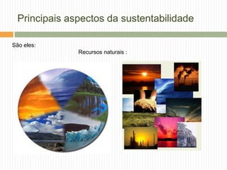 Principais aspectos da sustentabilidade

São eles:
               Recursos naturais :
 