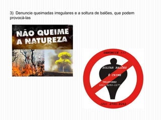 3) Denuncie queimadas irregulares e a soltura de balões, que podem
provocá-las
 