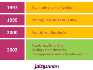 1997   É cunhado o termo “weblog”


1999   “weblog” vira WE BLOG = Blog


2000   Permalinks = Revolução


       Popularização no Brasil.
2002   Os blogs eram literários,
       descompromissados e focados no autor.
 