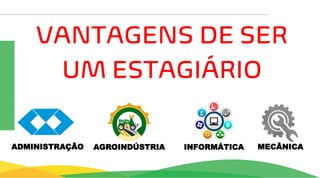 VANTAGENS DE SER
UM ESTAGIÁRIO
AGROINDÚSTRIA INFORMÁTICA MECÂNICA
ADMINISTRAÇÃO
 