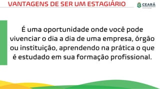 É uma oportunidade onde você pode
vivenciar o dia a dia de uma empresa, órgão
ou instituição, aprendendo na prática o que
é estudado em sua formação profissional.
VANTAGENS DE SER UM ESTAGIÁRIO
 