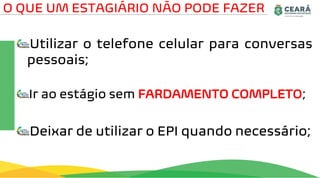 Utilizar o telefone celular para conversas
pessoais;
Ir ao estágio sem FARDAMENTO COMPLETO;
Deixar de utilizar o EPI quando necessário;
O QUE UM ESTAGIÁRIO NÃO PODE FAZER
 