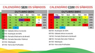 CALENDÁRIO SEM OS SÁBADOS CALENDÁRIO COM OS SÁBADOS
 