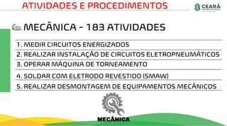 MECÂNICA - 183 ATIVIDADES
ATIVIDADES E PROCEDIMENTOS
1. MEDIR CIRCUITOS ENERGIZADOS
2. REALIZAR INSTALAÇÃO DE CIRCUITOS ELETROPNEUMÁTICOS
3. OPERAR MÁQUINA DE TORNEAMENTO
4. SOLDAR COM ELETRODO REVESTIDO (SMAW)
5. REALIZAR DESMONTAGEM DE EQUIPAMENTOS MECÂNICOS
MECÂNICA
 