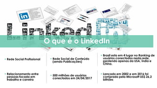  Rede Social Profissional
O que é o LinkedIn
 Rede Social de Conteúdo
(sendo Publicações)
 Brasil esta em 4 lugar no Ranking de
usuários conectados nesta rede,
perdendo apenas da USA, Índia e
China.
 Relacionamento entre
pessoas focada em
trabalho e carreira
 500 milhões de usuários
conectados em 24/04/2017
 Lançado em 2002 e em 2016 foi
comprado pela Microsoft US$ 26,2
bilhões
 
