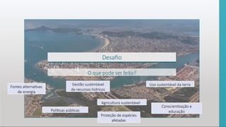 Desafio
O que pode ser feito?
Fontes alternativas
de energia
Políticas públicas
Gestão sustentável
de recursos hídricos
Agricultura sustentável
Uso sustentável da terra
Conscientização e
educação
Proteção de espécies
afetadas
 