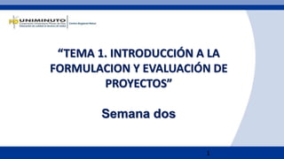 1
“TEMA 1. INTRODUCCIÓN A LA
FORMULACION Y EVALUACIÓN DE
PROYECTOS”
Semana dos
 