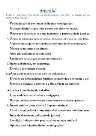 7
Artigo 6.º
Todos os indivíduos têm direito ao reconhecimento em todos os lugares da sua
personalidade jurídica.
Possibilidade de ser titular de direitos e obrigações!
Existem direitos a que uma pessoa não deve renunciar.
Reconhecida a todos os seres humanos: a personalidade jurídica.
O Sistema de normas que regula as condutas humanas é importante nas sociedades.
Onascituro adquire personalidade jurídica desde a conceção.
Nunca subestimes este direito!
Atua em conformidade com a lei!
Liberdade de atuação de acordo com a lei!
DIreito à liberdade, em segurança!
Direito à identidade pessoal!
A gArantia do respeito pelos direitos individuais!
Direitos da personalidade relativos ao indivíduo e somente a ele!
Envolve a sujeição a deveres e a titularidade de direitos!
A Justiça é um direito do cidadão.
Uma entidade tem direitos e obrigações.
Relação jurídica: estabelece um vínculo entre uma ou mais pessoas.
A Índole jurídica deste direito é importantíssima!
Direito irrenunciável e intransmissível que todo o indivíduo tem!
Individualização na aplicação da justiça!
Condição indispensável para atuar no mundo jurídico!
Aptidão para adquirir direitos e obrigações!
 