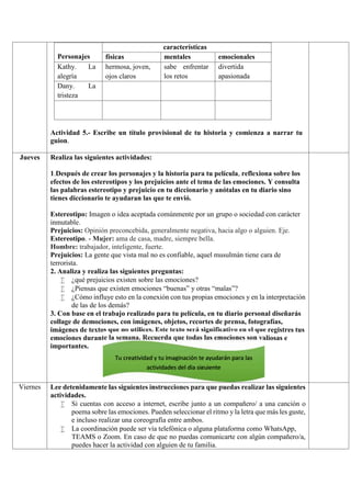 Personajes
características
físicas mentales emocionales
Kathy. La
alegría
hermosa, joven,
ojos claros
sabe enfrentar
los retos
divertida
apasionada
Dany. La
tristeza
Actividad 5.- Escribe un título provisional de tu historia y comienza a narrar tu
guion.
Jueves Realiza las siguientes actividades:
1.Después de crear los personajes y la historia para tu película, reflexiona sobre los
efectos de los estereotipos y los prejuicios ante el tema de las emociones. Y consulta
las palabras estereotipo y prejuicio en tu diccionario y anótalas en tu diario sino
tienes diccionario te ayudaran las que te envió.
Estereotipo: Imagen o idea aceptada comúnmente por un grupo o sociedad con carácter
inmutable.
Prejuicios: Opinión preconcebida, generalmente negativa, hacia algo o alguien. Eje.
Estereotipo. - Mujer: ama de casa, madre, siempre bella.
Hombre: trabajador, inteligente, fuerte.
Prejuicios: La gente que vista mal no es confiable, aquel musulmán tiene cara de
terrorista.
2. Analiza y realiza las siguientes preguntas:
 ¿qué prejuicios existen sobre las emociones?
 ¿Piensas que existen emociones “buenas” y otras “malas”?
 ¿Cómo influye esto en la conexión con tus propias emociones y en la interpretación
de las de los demás?
3. Con base en el trabajo realizado para tu película, en tu diario personal diseñarás
collage de demociones, con imágenes, objetos, recortes de prensa, fotografías,
imágenes de textos que no utilices. Este texto será significativo en el que registres tus
emociones durante la semana. Recuerda que todas las emociones son valiosas e
importantes.
Viernes Lee detenidamente las siguientes instrucciones para que puedas realizar las siguientes
actividades.
 Si cuentas con acceso a internet, escribe junto a un compañero/ a una canción o
poema sobre las emociones. Pueden seleccionar el ritmo y la letra que más les guste,
e incluso realizar una coreografía entre ambos.
 La coordinación puede ser vía telefónica o alguna plataforma como WhatsApp,
TEAMS o Zoom. En caso de que no puedas comunicarte con algún compañero/a,
puedes hacer la actividad con alguien de tu familia.
Tu creatividad y tu imaginación te ayudarán para las
actividades del dia siguiente
 