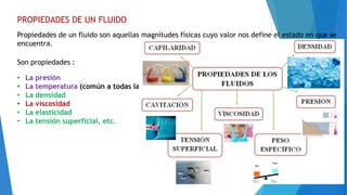 PROPIEDADES DE UN FLUIDO
Propiedades de un fluido son aquellas magnitudes físicas cuyo valor nos define el estado en que se
encuentra.
Son propiedades :
• La presión
• La temperatura (común a todas las sustancias)
• La densidad
• La viscosidad
• La elasticidad
• La tensión superficial, etc.
 
