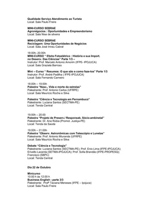 Qualidade Serviço Atendimento ao Turista
Local: Sala Paulo Freire

MINI-CURSO SEBRAE
Agronégocios : Oportunidades e Empreendorismo
Local: Sala Nise de silveira

MINI-CURSO SEBRAE
Reciclagem: Uma Oportunidades de Negócios
Local: Sala José Irineu Cabral

18:00h- 20:00h
MINI-CURSO “ Efeito Fotoelétrico : História e sua Import.
no Desenv. Das Ciências” Parte 1/3 –
Instrutor: Prof. Marcelo Antonio Amorim (IFPE- IPOJUCA)
Local: Sala Graziela Barroso

Mini – Curso “ Resumos: O que são e como faze-los” Parte 1/3
Instrutor: Prof. André Padilha ( IFPE-IPOJUCA)
Local: Sala Fernando Carneiro

18:00h – 19:00h
Palestra “Nasc., Vida e morte da estrelas”
Palestrante: Prof. Antonio Carlos (UFRPE)
Local: Sala Maurício Rocha e Silva

Palestra “Ciência e Tecnologia em Pernambuco”
Palestrante: Luciana Santos (SECTMA-PE)
Local: Tenda Central


19:00h – 20:00
Palestra “Projeto de Preserv./ Responsab. Sócio-ambinetal”
Palestrante: Dr. Ana Rúbia (Promot. Justiça-PE)
Local: Tenda da Saúde

19:00h – 21:00h
Palestra “Observ. Astronômicas com Telescópio e Lunetas”
Palestrante: Prof. Antonio Miuranda (UFRPE)
Local: Sala Maurício Rocha e Silva

Debate “Ciência e Tecnologia”
Palestrante: Luciana Santos (SECTMA-PE); Prof. Enio Lima (IFPE-IPOJUCA);
Erivelto Lacerda (SETMA-IPOJUCA); Prof. Sofia Brandão (IFPE-PROPESQ);
Francisco (SBPC)
Local: Tenda Central


Dia 22 de Outubro

Minicurso
10:00 h às 12:00 h
Business English - parte 3/3
Palestrante: Profª Taciana Meneses (IFPE – Ipojuca)
Local: Sala Paulo Freire
 