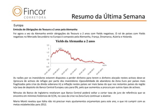 Resumo da Última Semana
Europa
Emissão de Obrigações do Tesouro a 2 anos pela Alemanha
Foi agora a vez da Alemanha emitir obrigações do Tesouro a 2 anos com Yields negativas. O rol de países com Yields
negativas no Mercado Secundário na Europa é composto pela Alemanha, França, Dinamarca, Aústria e Holanda.
                                        Yields da Alemanha a 2 anos
                               2,5

                                 2        1,911

                               1,5

                                 1

                               0,5

                                 0
                                                                                    -0,074
                               -0,5




As razões por os investidores estarem dispostos a perder dinheiro para terem o dinheiro alocado nestes activos deve-se
i)procura de activos de refúgio por parte dos investidores ii)possibilidade de abandono da Zona Euro por países mais
fragilizados pela crise da dívida soberana iii) a inflação nestes países ser mais baixa do que nos restantes países da região
iv)a taxa de depósito do Banco Central Europeu caiu para 0%, pelo que aumentou a procura por outros tipos de activos.

Minutas do Banco de Inglaterra revelaram que Banco Central poderá voltar a cortar taxa de juro de referência que se
encontra em mínimos históricos de 0,5%, no caso da crise na Zona Euro continuar a alastrar.

Mario Monti revelou que Itália não irá precisar mais ajustamentos orçamentais para este ano, e que irá cumprir com as
metas estabelecidas para 2012.
 