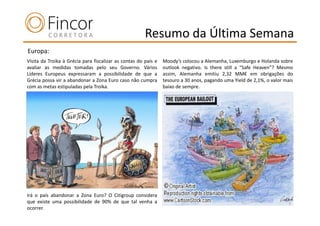 Resumo da Última Semana
Europa:
Visita da Troika à Grécia para fiscalizar as contas do país e   Moody’s colocou a Alemanha, Luxemburgo e Holanda sobre
avaliar as medidas tomadas pelo seu Governo. Vários             outlook negativo. Is there still a “Safe Heaven”? Mesmo
Líderes Europeus expressaram a possibilidade de que a           assim, Alemanha emitiu 2,32 MM€ em obrigações do
Grécia possa vir a abandonar a Zona Euro caso não cumpra        tesouro a 30 anos, pagando uma Yield de 2,1%, o valor mais
com as metas estipuladas pela Troika.                           baixo de sempre.




Irá o país abandonar a Zona Euro? O Citigroup considera
que existe uma possibilidade de 90% de que tal venha a
ocorrer.
 