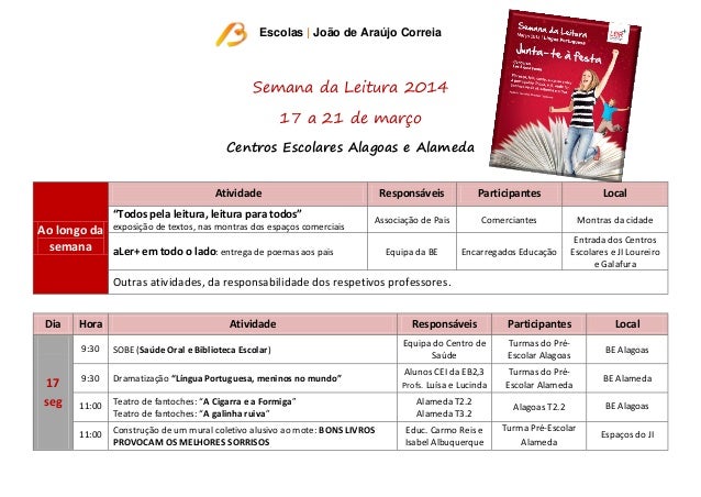Escolas | João de Araújo Correia
Semana da Leitura 2014
17 a 21 de março
Centros Escolares Alagoas e Alameda
Ao longo da
s...