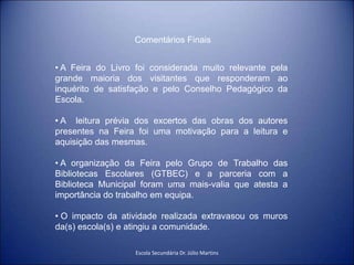  A Feira do Livro foi considerada muito relevante pela grande maioria dos visitantes que responderam ao inquérito de satisfação e pelo Conselho Pedagógico da Escola.
