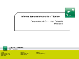 Francia Alemania España
Maxime Viémont; CFTe Carsten Riedel; CEFA Oscar Germade; CFTe
Lionel Duverger; CFTe Fabian Heymann
Fabien Ragot
Informe Semanal de Análisis Técnico
Departamento de Economía y Estrategia
17/09/2013
 