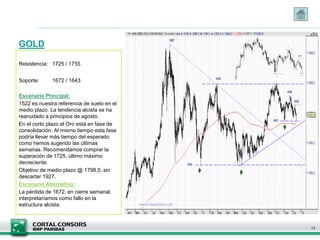 GOLD

Resistencia: 1725 / 1755


Soporte:      1672 / 1643

Escenario Principal:
1522 es nuestra referencia de suelo en el
medio plazo. La tendencia alcista se ha
reanudado a principios de agosto.
En el corto plazo el Oro está en fase de
consolidación. Al mismo tiempo esta fase
podría llevar más tiempo del esperado
como hemos sugerido las últimas
semanas. Recomendamos comprar la
superación de 1725, último máximo
decreciente.
Objetivo de medio plazo @ 1798,5, sin
descartar 1927.
Escenario Alternativo:
La pérdida de 1672, en cierre semanal,
interpretaríamos como fallo en la
estructura alcista.



                                            13
 