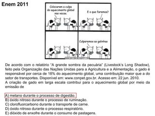 Enem 2011




 De acordo com o relatório “A grande sombra da pecuária” (Livestock‘s Long Shadow),
 feito pela Organização das Nações Unidas para a Agricultura e a Alimentação, o gado é
 responsável por cerca de 18% do aquecimento global, uma contribuição maior que a do
 setor de transportes. Disponível em: www.conpet.gov.br. Acesso em: 22 jun. 2010.
 A criação de gado em larga escala contribui para o aquecimento global por meio da
 emissão de

 A) metano durante o processo de digestão.
 B) óxido nitroso durante o processo de ruminação.
 C) clorofluorcarbono durante o transporte de carne.
 D) óxido nitroso durante o processo respiratório.
 E) dióxido de enxofre durante o consumo de pastagens.
 